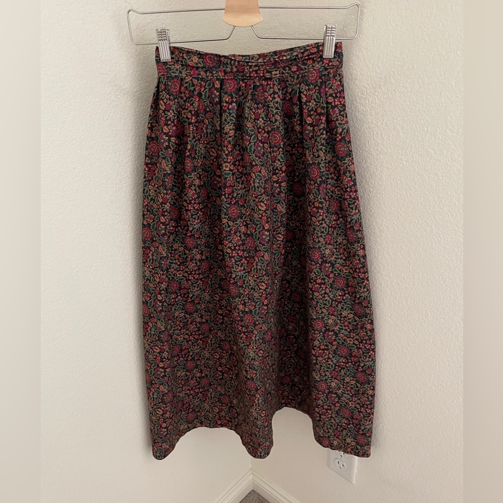 Vintage handmade brown red floral 2 piece set midi skirt and puff sleeve jacket - Picture 6 of 13